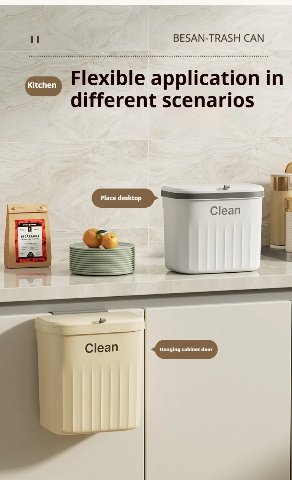 Trash Can Kitchen Wall Mounted Hanging Trash Can With Lid Garbage Can for Cabinet Under Sink Waste Garbage Compost Bin 8.5/12L