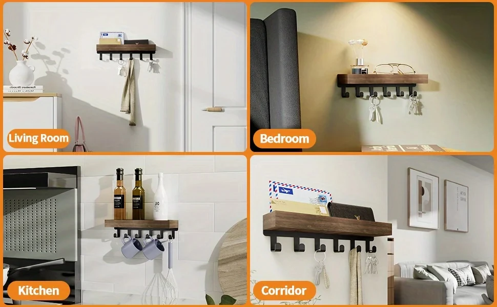 Rustic Wooden Key Holder with 6 Hooks Storage Tray Easy Install Wall-Mounted Organizer for Keys Mail and More for Bedroom Office Rustic Wooden Key Holder with 6 Hooks Storage Tray Easy Install Wall-Mounted Organizer for Keys Mail and More for Bedroom Office