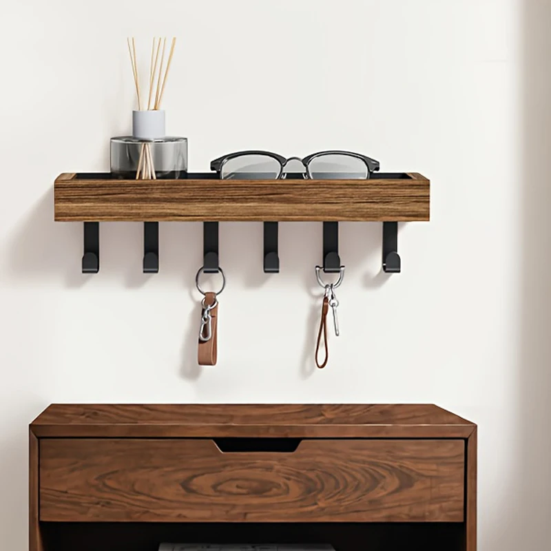 Rustic Wooden Key Holder with 6 Hooks Storage Tray Easy Install Wall-Mounted Organizer for Keys Mail and More for Bedroom Office Rustic Wooden Key Holder with 6 Hooks Storage Tray Easy Install Wall-Mounted Organizer for Keys Mail and More for Bedroom Office
