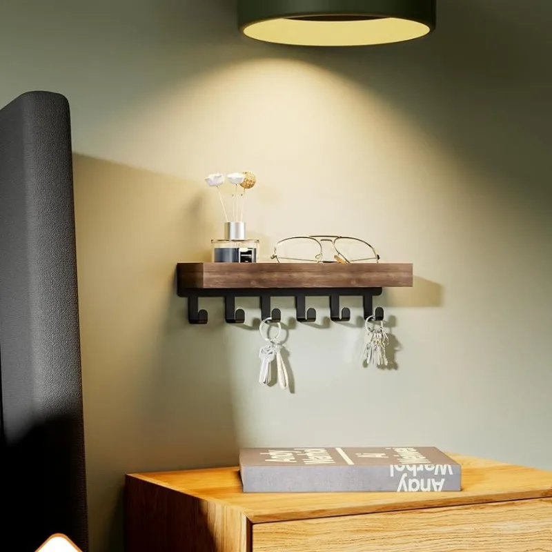 Rustic Wooden Key Holder with 6 Hooks Storage Tray Easy Install Wall-Mounted Organizer for Keys Mail and More for Bedroom Office Rustic Wooden Key Holder with 6 Hooks Storage Tray Easy Install Wall-Mounted Organizer for Keys Mail and More for Bedroom Office