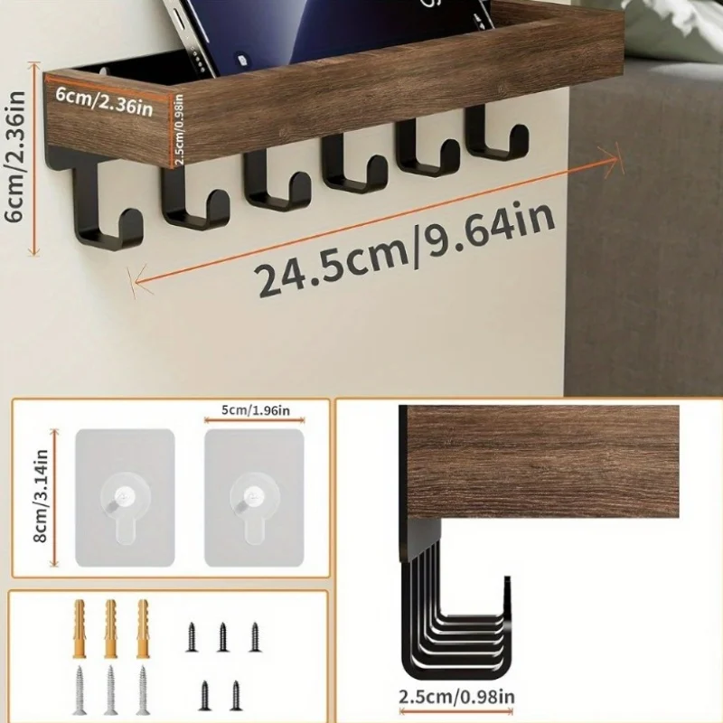 Rustic Wooden Key Holder with 6 Hooks Storage Tray Easy Install Wall-Mounted Organizer for Keys Mail and More for Bedroom Office Rustic Wooden Key Holder with 6 Hooks Storage Tray Easy Install Wall-Mounted Organizer for Keys Mail and More for Bedroom Office