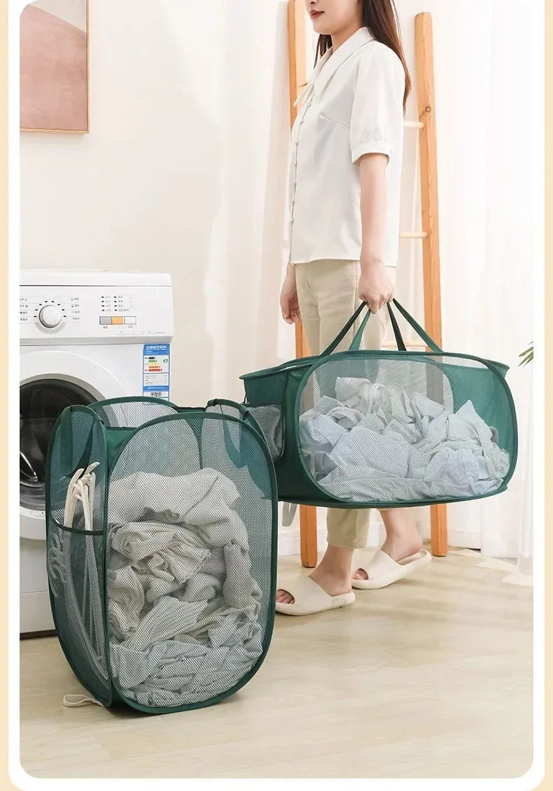 Durable Collapsible Laundry Basket, Mesh Pop Up Laundry Hamper With Side Pocket, Foldable Clothes Storage Hamper With Reinforced