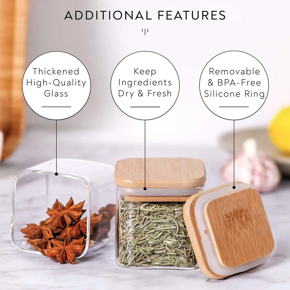 5oz Glass Jars Set with Spice Labels,Square Spice Jars with Bamboo Lids/Sticker Labels, Food Storage Container Canisters