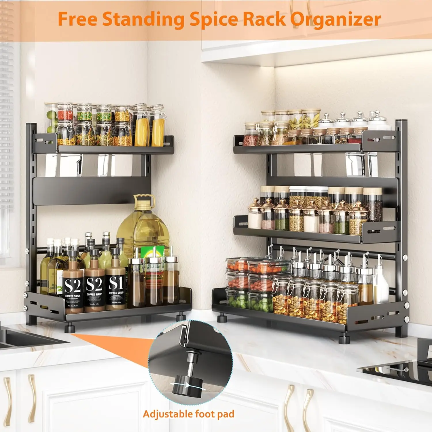 3 Tier Spice Storage Rack for Countertop Adjustable Spice Organization for Cabinet Kitchen Organizer Metal Shelf Black 3 Tier Spice Storage Rack for Countertop Adjustable Spice Organization for Cabinet Kitchen Organizer Metal Shelf Black